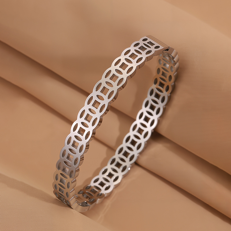 Open Circle Pattern & Heart Engravings Stainless Steel Bracelet Duo